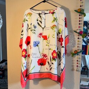 NWT Chico's Bouquet Fusion Floral Print Poncho in a white bouquet fusion c